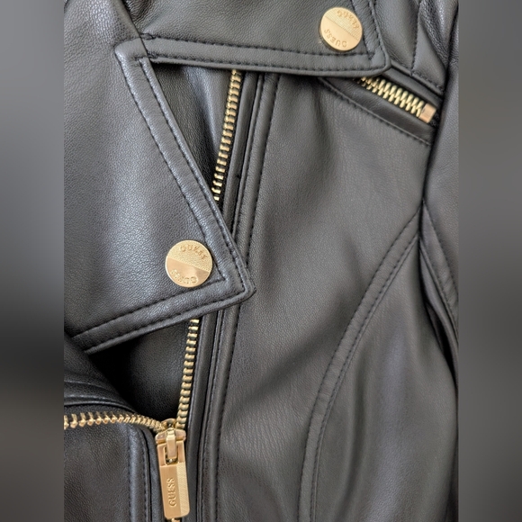 Guess Women's Black Faux Leather Moto Jacket with Gold Accents - Picture 7 of 9